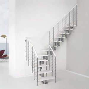 ЛМГО-10. Белая забежная Г-образная лестница из металла в современном стиле